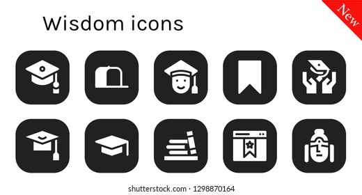  wisdom icon set. 10 filled wisdom icons. Simple modern icons about  - Mortarboard, Cap, Graduated, Bookmark, Graduation, Bookshelf, Buddha