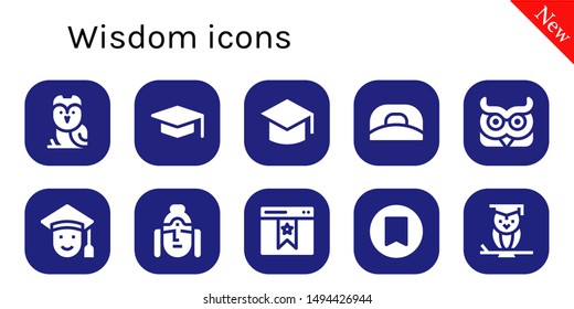 wisdom icon set. 10 filled wisdom icons.  Collection Of - Owl, Graduation, Cap, Graduated, Buddha, Bookmark, Wisdom