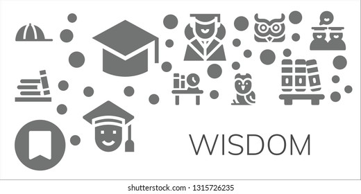 wisdom icon set. 11 filled wisdom icons.  Simple modern icons about  - Cap, Graduation, Bookshelf, Bookmark, Owl, Graduated, Graduates