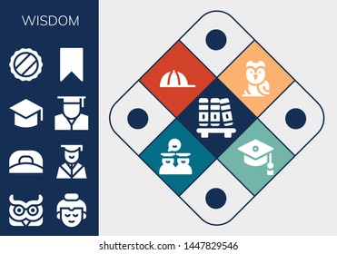 wisdom icon set. 13 filled wisdom icons.  Simple modern icons about  - Bookshelf, Owl, Buddha, Cap, Graduation, Graduate, Bookmark, Graduates, Mortarboard