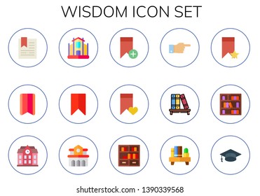 wisdom icon set. 15 flat wisdom icons.  Simple modern icons about  - bookmark, University, decree, bookshelf, university, mortarboard