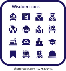  wisdom icon set. 16 filled wisdom icons. Simple modern icons about  - Cap, Bookmark, Graduate, Graduation, Buddha, Bookshelf, Graduates, Owl