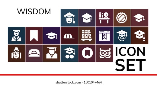 wisdom icon set. 19 filled wisdom icons.  Simple modern icons about  - Graduated, Graduation, Buddha, Cap, Graduate, Mortarboard, Bookmark, Owl, Bookshelf