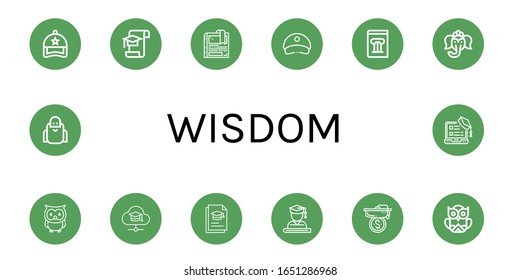 wisdom icon set. Collection of Cap, Graduation, Bookmark, History book, Ganesha, Owl, Mortarboard, Graduate, Wise icons