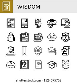 wisdom icon set. Collection of History book, Bookcase, Bookmark, Owl, Ganesha, Graduate, Wise, Mortarboard, Graduation, Cap, Law book icons
