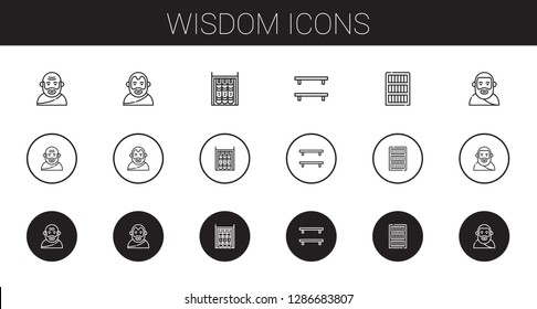 wisdom icons set. Collection of wisdom with socrates, aristotle, bookshelf, bookcase, plato. Editable and scalable wisdom icons.