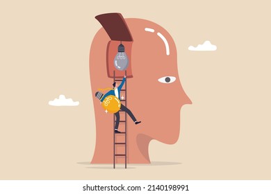 Wisdom, knowledge or creativity to solve problem, intelligence, literature or education to success in work concept, businessman climb up ladder to replace new lightbulb idea on the brain in his head.