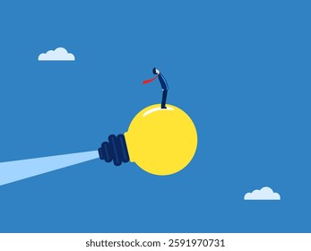 Wisdom, Knowledge Leader, Businessman Driving Light Bulb Rocket