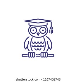 Wisdom line icon. Owl in graduation cap. Education concept. Can be used for topics like college, university, degree, knowledge.