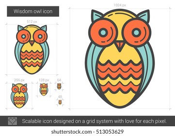 Vektorsymbol von Weisheit-Eule, einzeln auf weißem Hintergrund. Wisdom owl Zeile Symbol für Infografik, Website oder App. Skalierbares Symbol, das auf einem Gittersystem entworfen wurde.