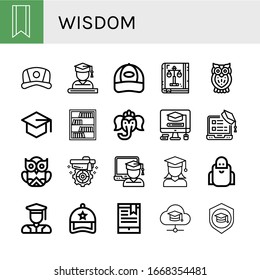 wisdom simple icons set. Contains such icons as Bookmark, Cap, Graduate, Law book, Owl, Mortarboard, Bookcase, Ganesha, Wise, Graduated, can be used for web, mobile and logo