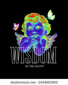 wisdom slogan with boy angel vivid inverted color hand drawn vector illustration on black background