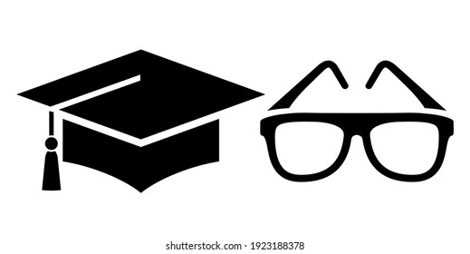 Wisdom symbols, eyeglasses and graduation hat on white background