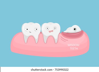 Wisdom teeth illustration. Funny cartoon teeth in mouth.