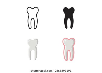 Wisdom teeth in outline, silhouette, cartoon and sticker styles.