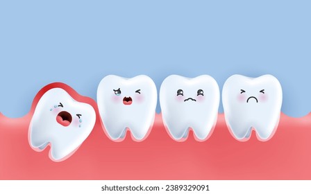 Wisdom teeth under the gums cause pain in the mouth. Impacted wisdom tooth character pushing adjacent teeth causing inflammation, toothache, gum pain. vector design.