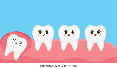 Wisdom teeth under the gums cause pain in the mouth. Toothache, gum pain. Vector illustration in cartoon style. Kawaii mascot collection. Healthy and diseased teeth. Oral health.