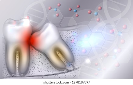 Wisdom tooth eruption problems illustrated anatomy on a beautiful light grey glowing biology background