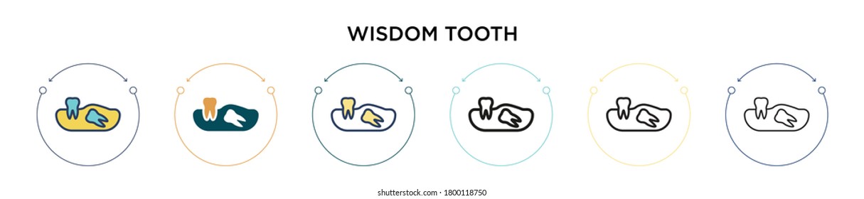 Wisdom tooth icon in filled, thin line, outline and stroke style. Vector illustration of two colored and black wisdom tooth vector icons designs can be used for mobile, ui, web