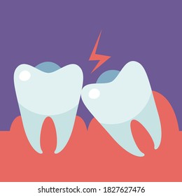 Wisdom tooth pushes adjacent teeth flat cartoon illustration. Medical dental banner. Malocclusion design.