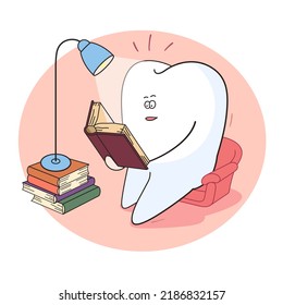 Wisdom tooth is reading a book. Dentistry illustration in cartoon style.