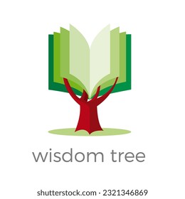 Wisdom tree. A book instead of the leaves of a tree. Education and learning concept. Vector illustration. Logo template