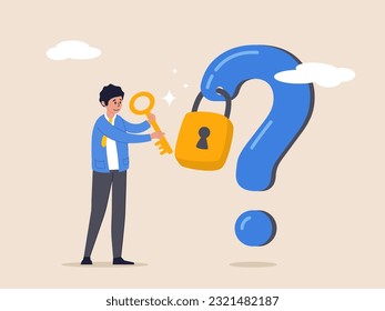 Weisheit oder Verständnis Konzept. Der Schlüssel, um die Antwort für Probleme und Fragen, Lösung oder Grund für die Lösung von Problem zu entsperren, schlauer Geschäftsmann, der goldene Schlüssel hält, um das Schlüsselloch auf Fragezeichen Zeichen zu entsperren.