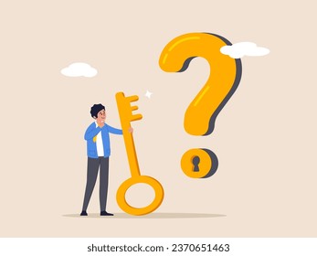 Concepto de sabiduría o comprensión. Clave para desbloquear la respuesta a problemas y preguntas, solución o razón para resolver problemas, empresario inteligente con llave de oro para desbloquear el signo de la interrogación.