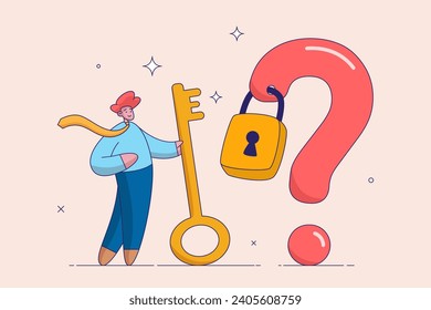 Concepto de sabiduría o comprensión. Clave para desbloquear la respuesta a problemas y preguntas, solución o razón para resolver problemas, empresario inteligente con llave de oro para desbloquear el signo de la interrogación.