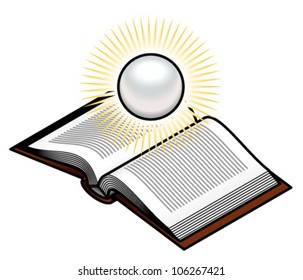 Wisdom/knowledge concept: An open book with a glowing pearl.