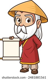 Wise Asian man holding papyrus vector illustration