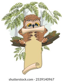 El búho pájaro sabio se sienta en el árbol de la rama y lee el pergamino. Ilustración de dibujos animados de Vector aislado en blanco