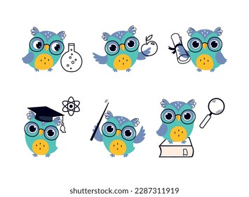 Wise Blue Owl in Glasses and Graduation Hat Vector Set