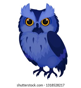 Wise blue owl isolated on white background. Vector cartoon close-up illustration.