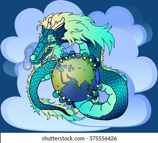 Wise blue water east dragon holds in hand the earth against clouds