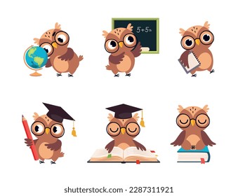 Wise Brown Owl in Glasses and Graduation Hat Vector Set