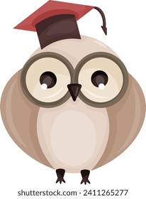 Wise Brown Owl with Glasses and Graduation Hat Vector illustration