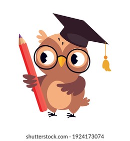 Wise Brown Owl in Graduation Cap, Cute Bird Teacher Cartoon Character with Pencil Vector Illustration