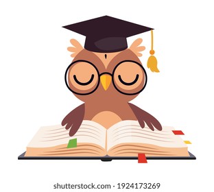 Wise Brown Owl in Graduation Cap, Cute Bird Cartoon Character Reading Book Vector Illustration