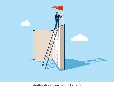 Wise businessman with red flag on the top of the book. Education or knowledge steps to success, learning or study for skill development to achieve business success. Flat vector illustration