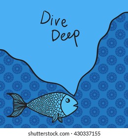 Wise cartoon fish with motto vector illustration, a lot of place for text, text frame or speech bubble.
