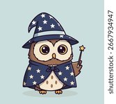 A wise cartoon owl is dressed as a wizard with a pointy, star-patterned hat and a magic wand. An adorable and magical character for fantasy themes. Vector Illustration