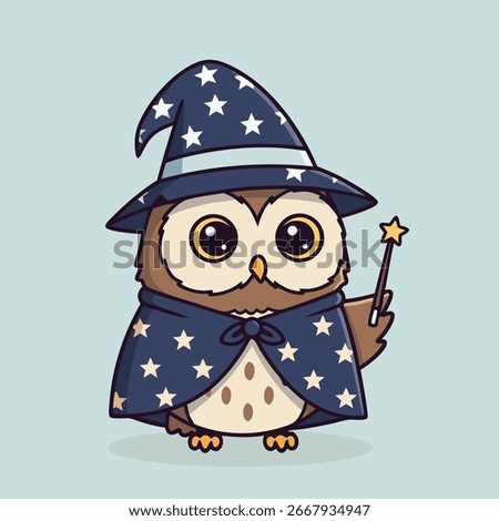 A wise cartoon owl is dressed as a wizard with a pointy, star-patterned hat and a magic wand. An adorable and magical character for fantasy themes. Vector Illustration