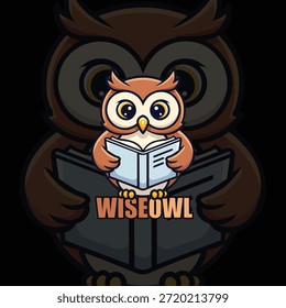 «Wise cartoon owl reading open book with big eyes and focused expression. Ilustración inteligente de personajes WiseOwl, Vector PNG escalable para educación, escuela y diseño de conocimiento".