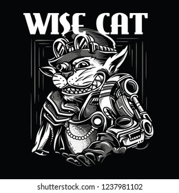 Wise Cat Black and White Illustration