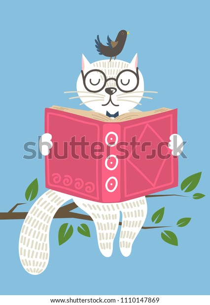 Wise Charming White  Cat  Bird  Reading     1110147869