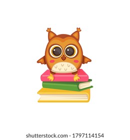 Wise and cute school owl cartoon character sitting on stack of books flat vector illustration isolated on white background. Education and Back to school concept.