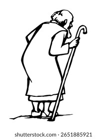 Wise devot belief middle age jew israeli teacher trip journey hold cane white robe behind view. Hand drawn black retro muslim arabian desert think ask god Jesus Christ faith believe path way islam art