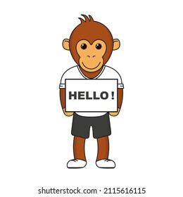 Wise dressed monkey with hello inscription. Vector illustration isolated on white.