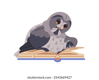 Búho águila sabia lee libro de papel abierto. Linda literatura de aprendizaje de aves, estudios con libro de texto. Clever Powlet hace los deberes escolares, adquiere conocimientos. Ilustración vectorial aislada plana sobre fondo blanco